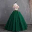 Vintage / Retro Dark Green Prom Dresses 2019 Ball Gown Appliques Lace Off-The-Shoulder Short Sleeve Backless Floor-Length / Long Formal Dresses
