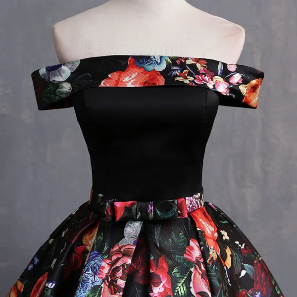 Vintage / Retro Multi-Colors Printing Prom Dresses 2019 Ball Gown Off-The-Shoulder Bow Short Sleeve Backless Floor-Length / Long Formal Dresses