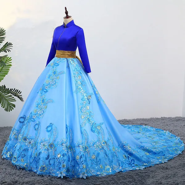Vintage / Originale Bleu Robe De Bal 2019 Princesse Col Haut En Dentelle Fleur Paillettes Manches Longues Dos Nu Chapel Train Robe De Ceremonie