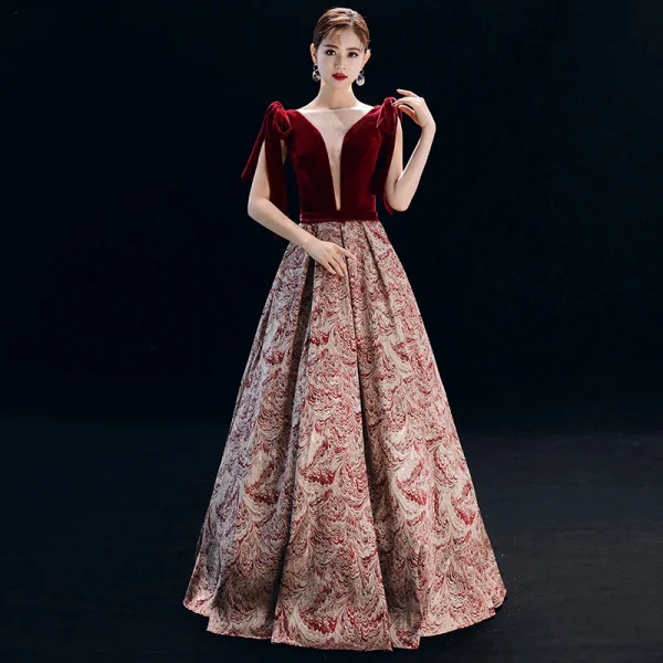 Elegant Burgundy Evening Dresses 2019 A-Line / Princess Square Neckline Suede Sleeveless Backless Printing Floor-Length / Long Formal Dresses