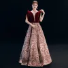 Elegant Burgundy Evening Dresses  2019 A-Line / Princess Square Neckline Suede Sleeveless Backless Printing Floor-Length / Long Formal Dresses