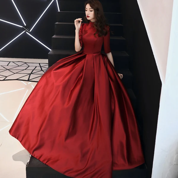 Vintage / Retro Modest / Simple Burgundy Prom Dresses 2019 A-Line / Princess High Neck 1/2 Sleeves Floor-Length / Long Formal Dresses