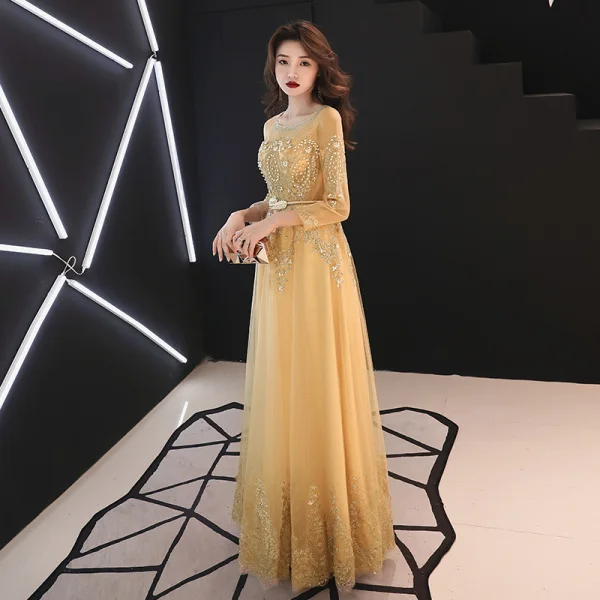 Chic / Beautiful Gold Evening Dresses 2019 A-Line / Princess Scoop Neck Beading Pearl Lace Flower Rhinestone 3/4 Sleeve Backless Floor-Length / Long Formal Dresses