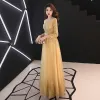 Chic / Beautiful Gold Evening Dresses  2019 A-Line / Princess Scoop Neck Beading Pearl Lace Flower Rhinestone 3/4 Sleeve Backless Floor-Length / Long Formal Dresses