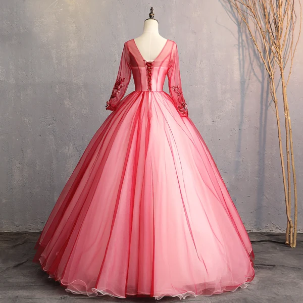 Vintage / Retro Burgundy Prom Dresses 2019 A-Line / Princess V-Neck Beading Pearl Crystal Lace Flower Appliques Long Sleeve Backless Floor-Length / Long Formal Dresses