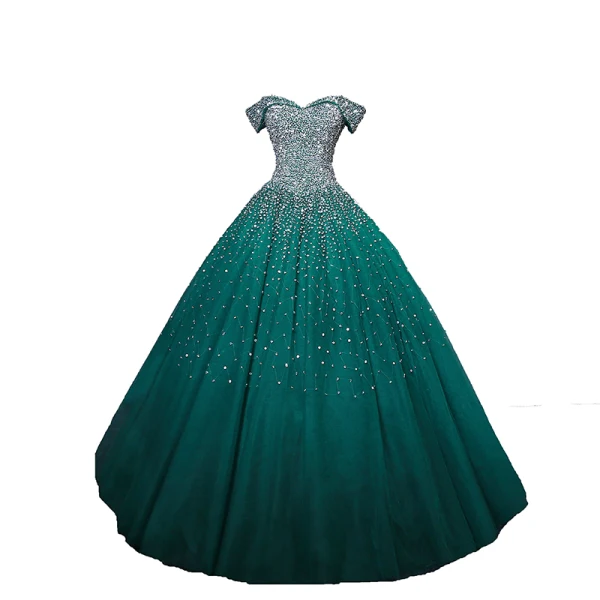 Vintage / Retro Dark Green Handmade  Beading Prom Dresses 2019 A-Line / Princess Off-The-Shoulder Sequins Sleeveless Backless Floor-Length / Long Formal Dresses