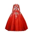 Chinese style Red Prom Dresses 2019 A-Line / Princess High Neck Appliques Lace Pearl 3/4 Sleeve Backless Floor-Length / Long Formal Dresses