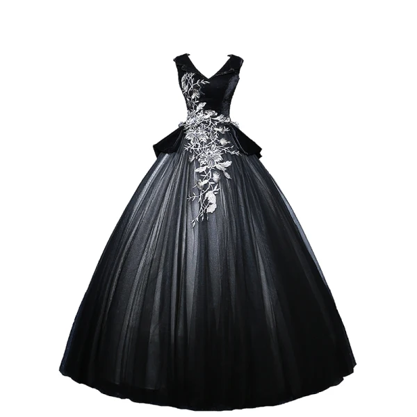Elegant Black Prom Dresses 2019 Ball Gown V-Neck Suede Appliques Lace Crystal Sleeveless Backless Floor-Length / Long Formal Dresses