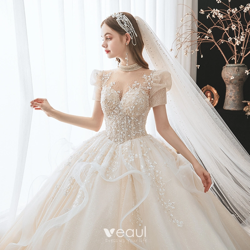 Fabulous Charming Champagne Cascading Ruffles Wedding Dresses 2021 Ball Gown  High Neck Beading Sequins Appliques Short Sleeve Backless Royal Train  Wedding