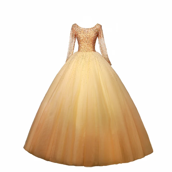 Chic / Belle Doré Robe De Bal 2019 Robe Boule Encolure Dégagée Perlage Cristal Paillettes Manches Longues Dos Nu Noeud Longue Robe De Ceremonie