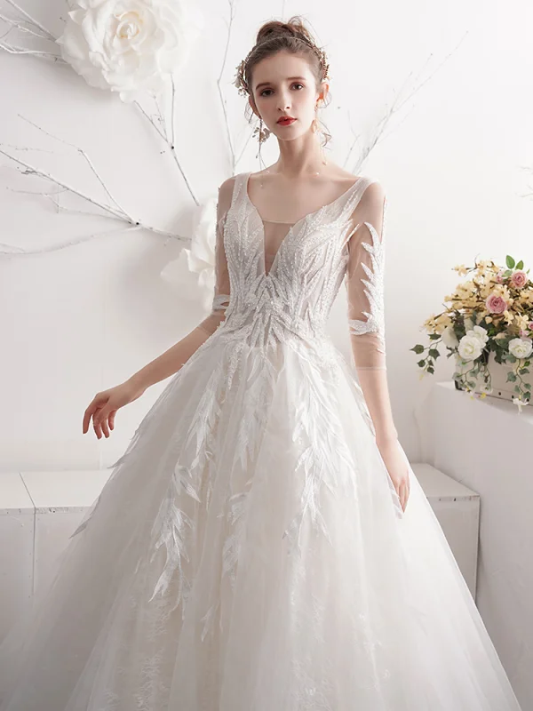 Chic / Beautiful Ivory Wedding Dresses 2019 A-Line / Princess V-Neck Beading Pearl Lace Flower 3/4 Sleeve Backless Floor-Length / Long