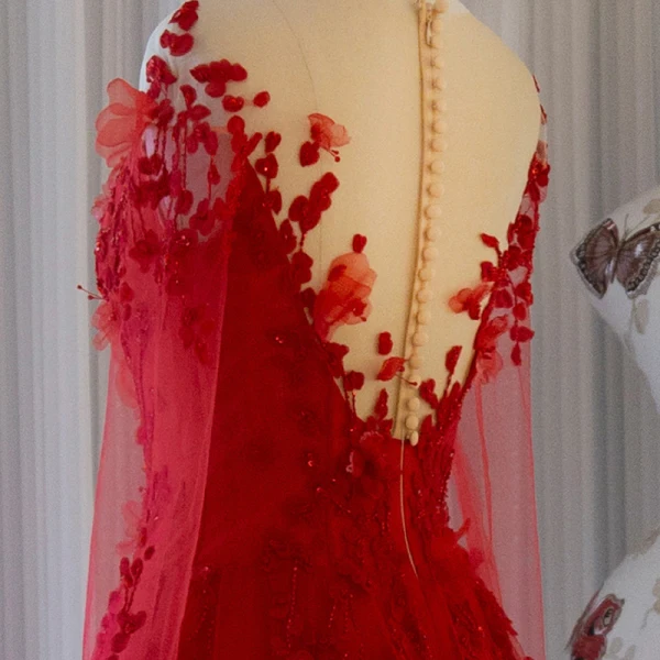 Chic / Beautiful Burgundy Evening Dresses 2019 A-Line / Princess Scoop Neck Beading Crystal Lace Flower Appliques 3/4 Sleeve Sweep Train Formal Dresses