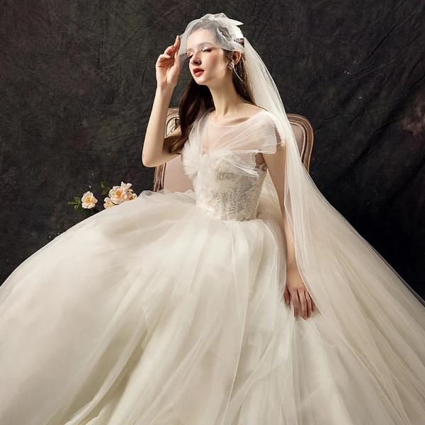 Audrey Hepburn Style Champagne Wedding Dresses 2019 Ball Gown Scoop Neck Lace Flower Short Sleeve Backless Cathedral Train