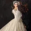 Audrey Hepburn Style Champagne Wedding Dresses 2019 Ball Gown V-Neck Lace Flower Bell sleeves Backless Royal Train
