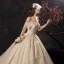 Audrey Hepburn Style Champagne Wedding Dresses 2019 Ball Gown Off-The-Shoulder Lace Flower Sequins Short Sleeve Backless Royal Train