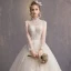Eleganckie Szampan Suknie Ślubne 2019 Princessa Wysokiej Szyi Frezowanie Perła Kutas Z Koronki Kwiat Długie Rękawy Bez Pleców Trenem Katedra