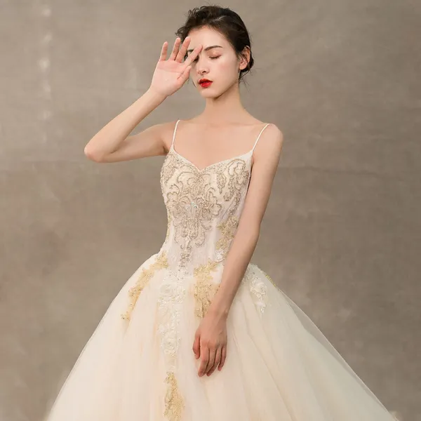 Charming Champagne Wedding Dresses 2019 A-Line / Princess Spaghetti Straps Beading Pearl Lace Flower Sleeveless Backless Royal Train