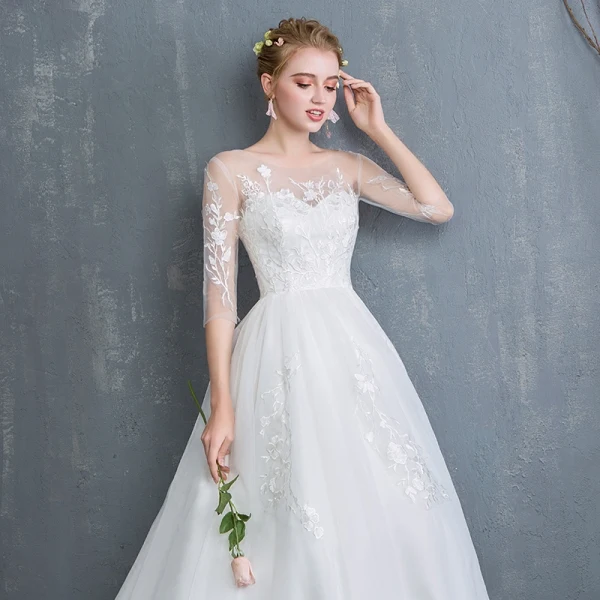 Affordable Ivory Wedding Dresses 2019 A-Line / Princess Scoop Neck Lace Flower 1/2 Sleeves Backless Court Train