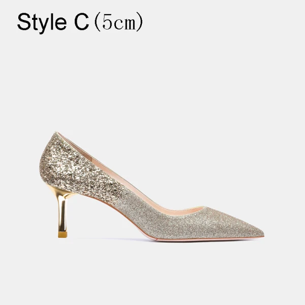 Charmig Glittrande Champagne Paljetter Brudskor 2021 Läder 10 cm Stilettklackar Spetsiga Bröllop Pumps Högklackade