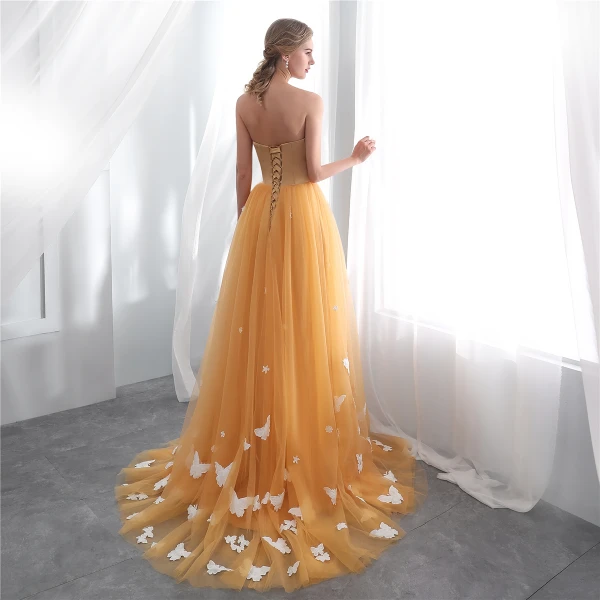 Chic / Beautiful Orange Prom Dresses 2019 A-Line / Princess Strapless Butterfly Appliques Bow Sleeveless Backless Sweep Train Formal Dresses