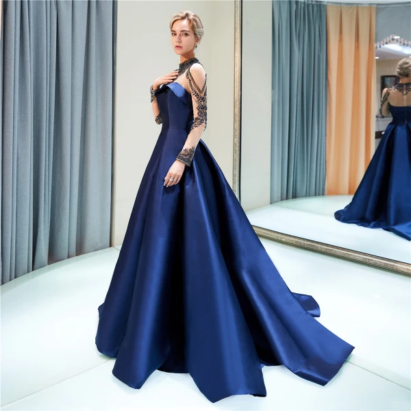 Luxury / Gorgeous Navy Blue Evening Dresses 2019 A-Line / Princess High Neck Beading Crystal Long Sleeve Sweep Train Formal Dresses
