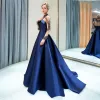 Luxury / Gorgeous Navy Blue Evening Dresses  2019 A-Line / Princess High Neck Beading Crystal Long Sleeve Sweep Train Formal Dresses