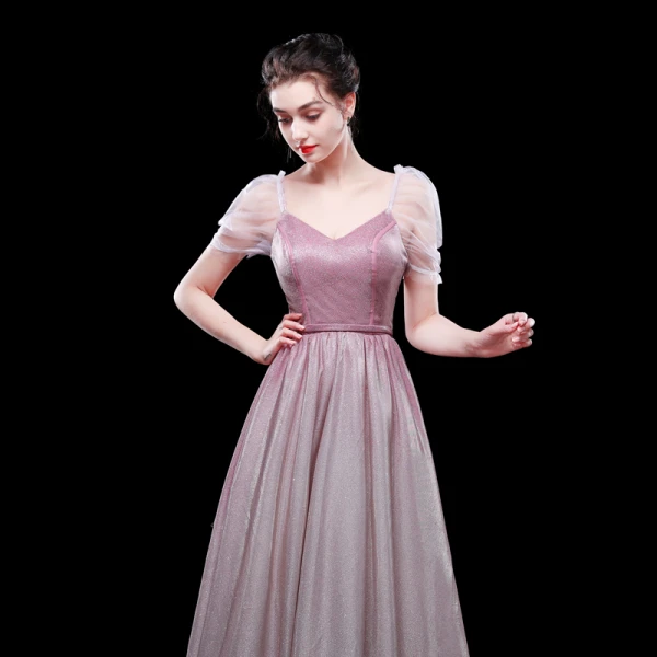 Chic / Beautiful Gradient-Color Candy Pink Evening Dresses 2019 A-Line / Princess V-Neck Glitter Polyester Short Sleeve Floor-Length / Long Formal Dresses