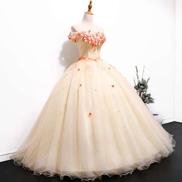 Chic / Beautiful Champagne Prom Dresses 2019 Ball Gown Off-The-Shoulder Lace Flower Appliques Short Sleeve Backless Floor-Length / Long Formal Dresses