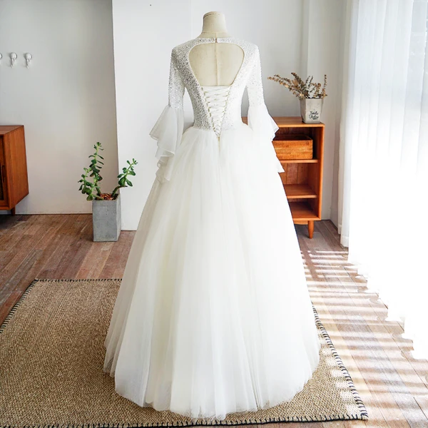 Elegante Ivory / Creme Brautkleider / Hochzeitskleider 2019 Ballkleid Eckiger Ausschnitt Perlenstickerei Pailletten Glockenhülsen Rückenfreies Lange