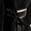 Vintage / Retro Black Evening Dresses  2019 A-Line / Princess High Neck Suede Bow Long Sleeve Backless Floor-Length / Long Formal Dresses