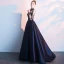 Vintage / Retro Navy Blue Evening Dresses  2019 A-Line / Princess High Neck Beading Crystal Long Sleeve Floor-Length / Long Formal Dresses