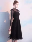 Chic / Beautiful Black Homecoming Graduation Dresses 2019 A-Line / Princess Scoop Neck Glitter Tulle Lace Bow Long Sleeve Tea-length Formal Dresses