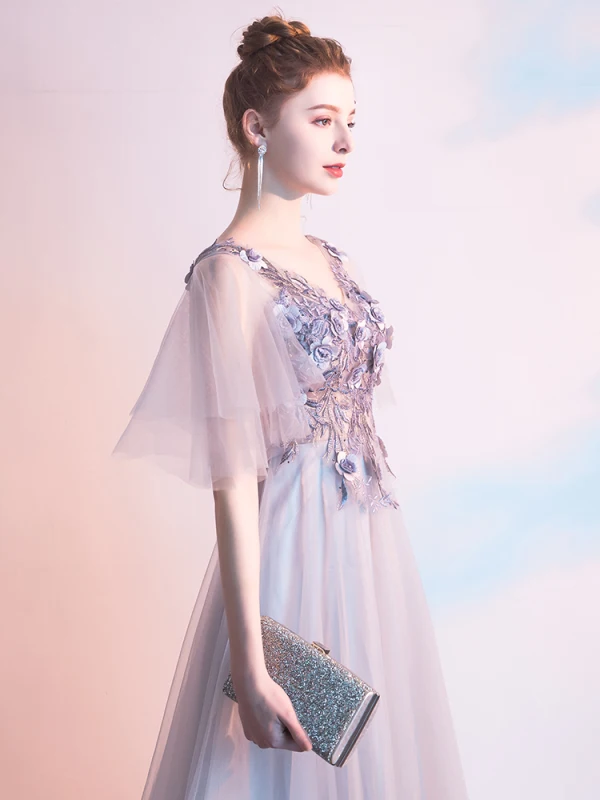 Chic / Beautiful Grey Evening Dresses  2019 A-Line / Princess V-Neck Appliques Pearl Lace Flower Short Sleeve Backless Floor-Length / Long Formal Dresses