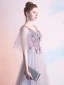 Chic / Beautiful Grey Evening Dresses  2019 A-Line / Princess V-Neck Appliques Pearl Lace Flower Short Sleeve Backless Floor-Length / Long Formal Dresses