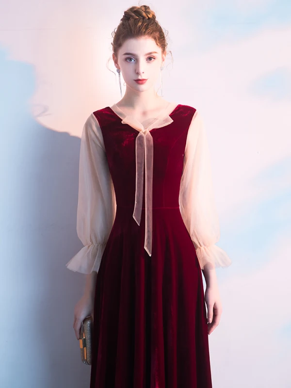 Chic / Beautiful Burgundy Evening Dresses  2019 A-Line / Princess V-Neck Long Sleeve Floor-Length / Long Formal Dresses