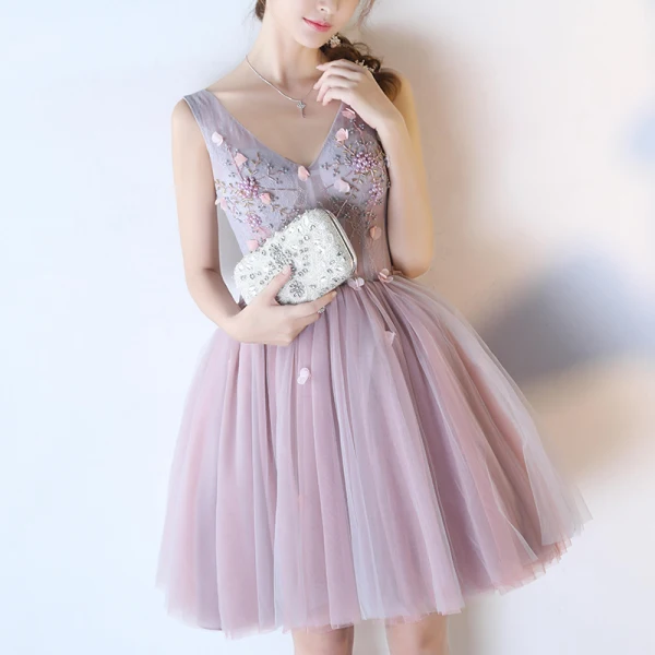 Chic / Belle Lavande Robe De Cocktail 2018 Robe Boule Perlage Perle Appliques V-Cou Dos Nu Sans Manches Mi-Longues Robe De Ceremonie