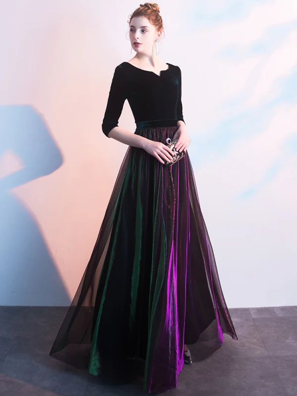 Elegant Black Evening Dresses  2019 A-Line / Princess Scoop Neck Suede 1/2 Sleeves Floor-Length / Long Formal Dresses