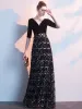 Charming Black Evening Dresses  2019 A-Line / Princess Deep V-Neck Suede Sash Sequins 1/2 Sleeves Floor-Length / Long Formal Dresses