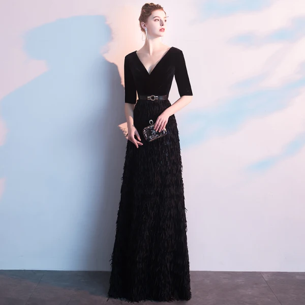 Charming Black Evening Dresses 2019 A-Line / Princess Deep V-Neck Suede Tassel Sash 1/2 Sleeves Floor-Length / Long Formal Dresses