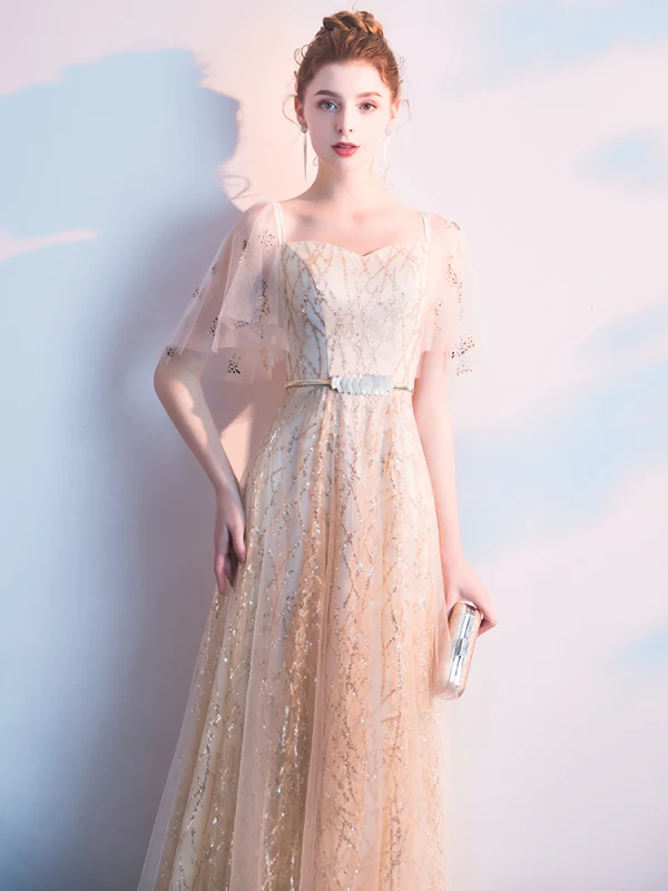 Charming Champagne Evening Dresses  2019 A-Line / Princess Square Neckline Sequins Sash Short Sleeve Backless Floor-Length / Long Formal Dresses