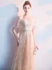 Charming Champagne Evening Dresses  2019 A-Line / Princess Square Neckline Sequins Sash Short Sleeve Backless Floor-Length / Long Formal Dresses