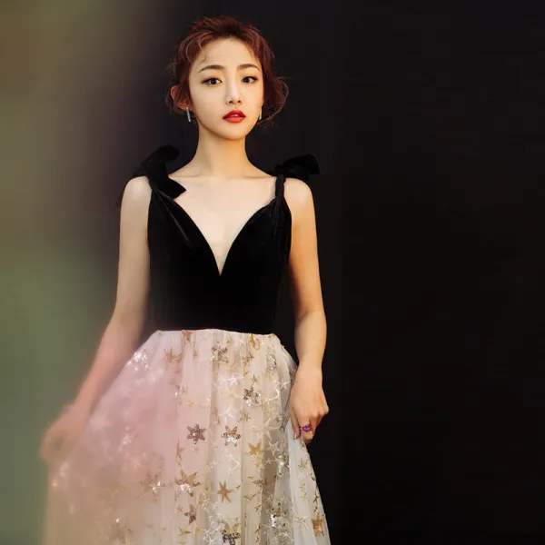 Modern / Fashion Black Evening Dresses 2019 A-Line / Princess V-Neck Lace Sequins Star Suede Bow Sleeveless Floor-Length / Long Formal Dresses