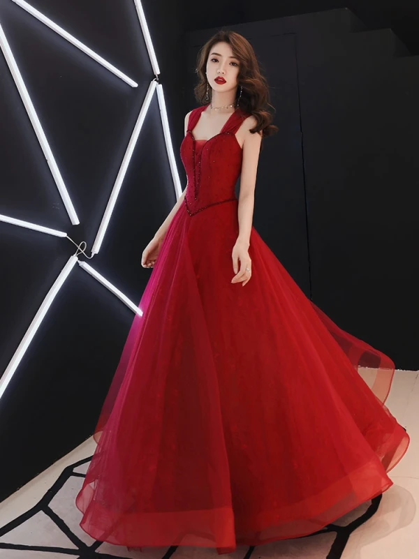 Chic / Beautiful Burgundy Evening Dresses 2019 A-Line / Princess Off-The-Shoulder Beading Crystal Sleeveless Backless Floor-Length / Long Formal Dresses