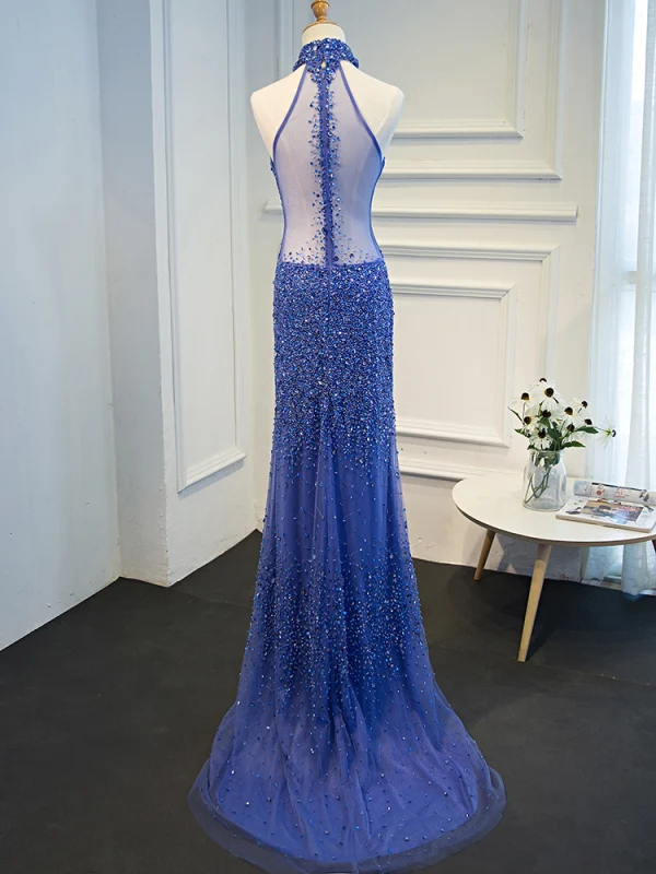 Luxe Océan Bleu Fait main Perlage Robe De Soirée 2019 Trompette / Sirène Titulaire Cristal Paillettes Sans Manches Train De Balayage Robe De Ceremonie