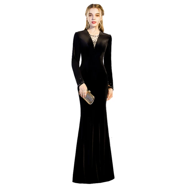 Elegant Solid Color Black Evening Dresses  2019 Trumpet / Mermaid V-Neck Suede Rhinestone Long Sleeve Floor-Length / Long Formal Dresses