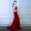 Sexy Solid Color Red Evening Dresses  2019 Trumpet / Mermaid Halter Suede Backless Handmade  Beading Sleeveless Split Front Sweep Train Formal Dresses