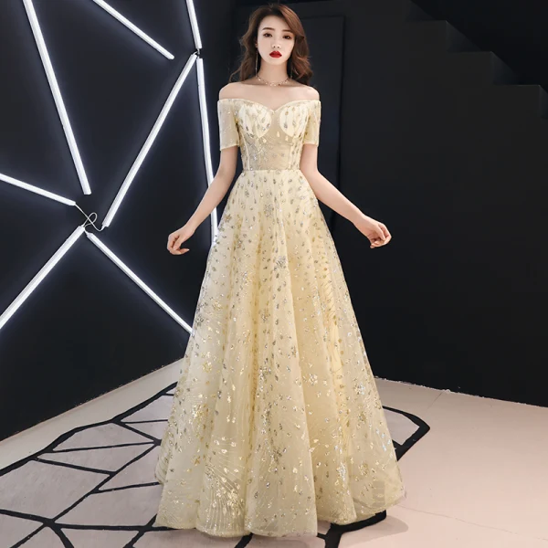 Elegant Gold Evening Dresses 2019 A-Line / Princess Off-The-Shoulder Glitter Sequins Metal Sash Short Sleeve Backless Floor-Length / Long Formal Dresses