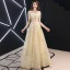 Elegant Gold Evening Dresses  2019 A-Line / Princess Off-The-Shoulder Glitter Sequins Metal Sash Short Sleeve Backless Floor-Length / Long Formal Dresses