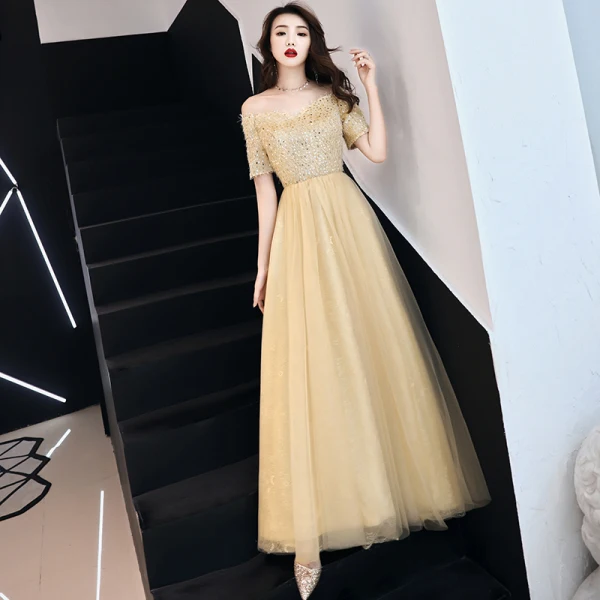 Modern / Fashion Gold Evening Dresses 2019 A-Line / Princess Off-The-Shoulder Sequins Tassel Short Sleeve Floor-Length / Long Formal Dresses