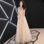 Élégant Champagne Robe De Soirée 2019 Princesse Col Haut Perlage Cristal En Dentelle Fleur Paillettes Manches Courtes Dos Nu Longue Robe De Ceremonie